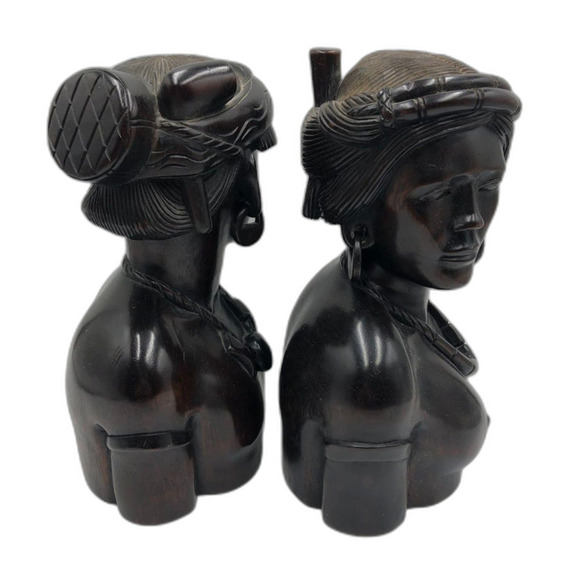 Vintage Set of 2 Wood Carved Busts Figurines Tribal Tabletop Brown Male Female - Picture 4 of 13